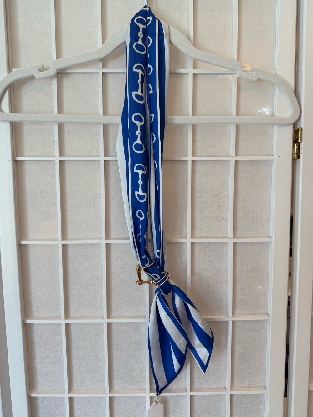 Blue and White Striped Silk-Feel Scarf with Equestrian Print
